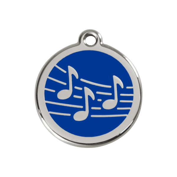 Vue avant - Médaille personnalisée pour chien Red Dingo Émail et acier inoxydable Musique Bleu foncé 30mm