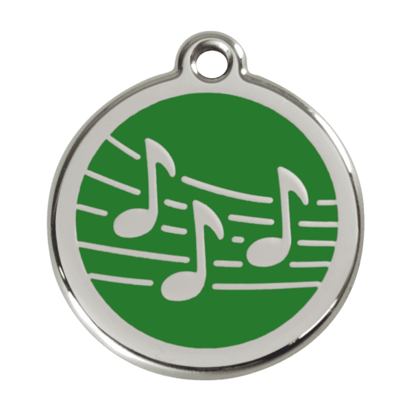 Vue avant - Médaille personnalisée pour chien - Red Dingo Émail et acier inoxydable - Motif Musique - Vert - Taille L