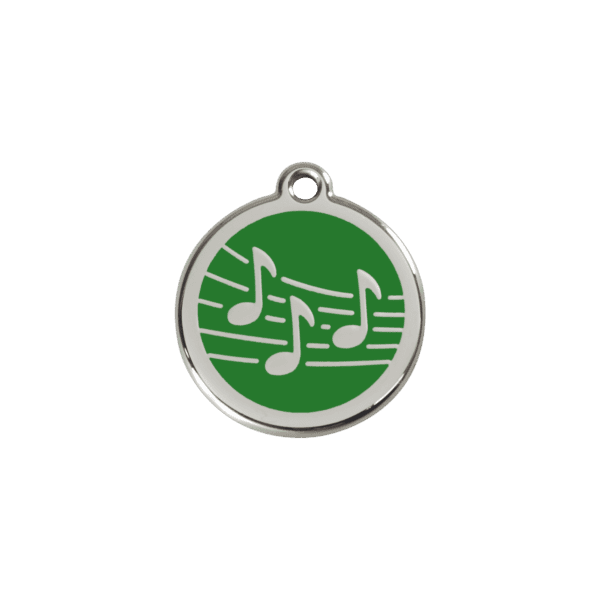 Vue avant - Médaille personnalisée pour chien/chat Red Dingo Émail et acier inoxydable - Motif Musique - Vert - Taille S