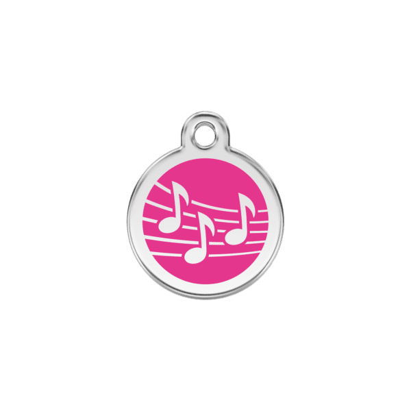 Vue avant - Médaille personnalisée pour chat en émail et acier inoxydable - Red Dingo - Motif musique - Rose vif - Taille S