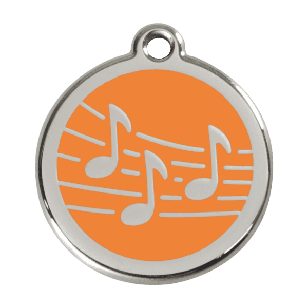 Vue avant - Médaille personnalisable pour chien Red Dingo Émail et acier inoxydable - Motif Musique - Orange - Taille L