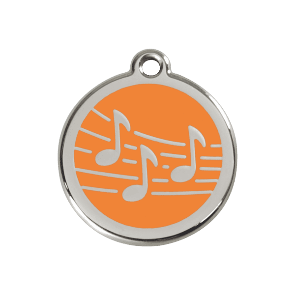 Vue avant - Médaille personnalisée pour chien Red Dingo Émail et acier inoxydable Musique Orange - Taille M