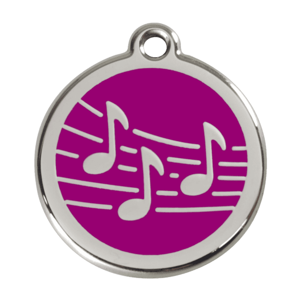 Vue avant - Médaille personnalisée pour chien Red Dingo Émail et acier inoxydable Musique Violet - Taille L