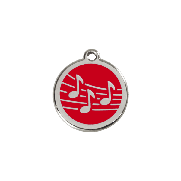 Vue avant - Médaille personnalisée pour chien/chat Red Dingo Émail et acier inoxydable - Motif Musique - Rouge - Taille S