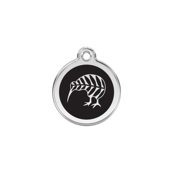 Vue avant - Médaille personnalisée pour chien/chat Red Dingo Émail et acier inoxydable - Motif kiwi - Noir - Taille S