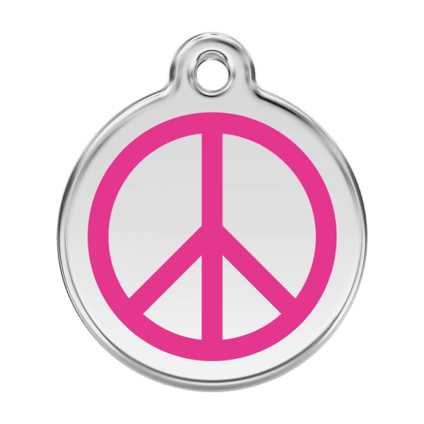 Vue avant - Médaille personnalisée pour chien Red Dingo Émail et acier inoxydable - Motif Paix - Rose vif - Taille L