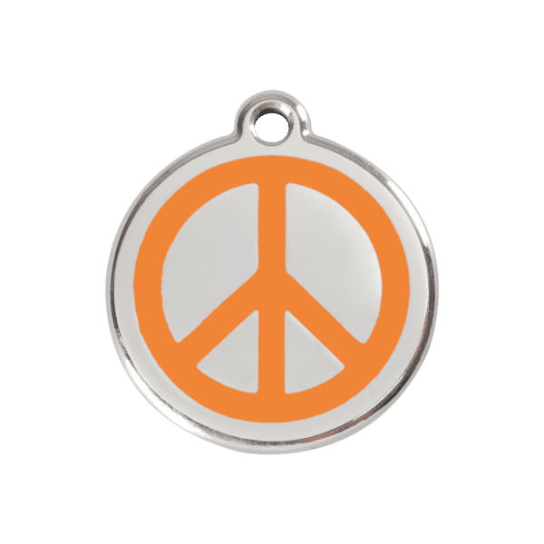 Vue avant - Médaille personnalisée pour chien Red Dingo Émail et acier inoxydable - Motif Paix - Orange - Taille M