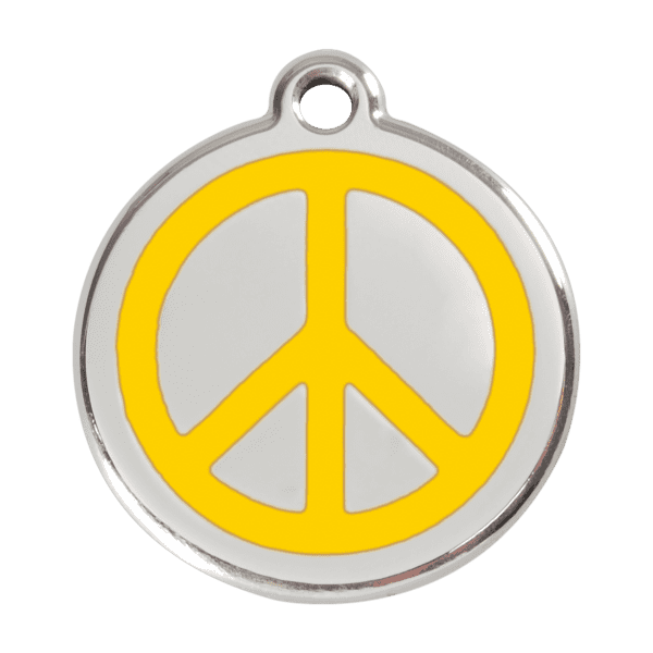 Vue avant - Médaille personnalisée pour chien - Red Dingo Émail et acier inoxydable - Motif Paix Jaune - Taille L