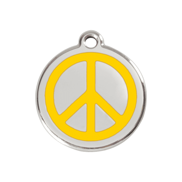 Vue avant - Médaille personnalisée pour chien Red Dingo Émail et acier inoxydable - Motif Paix Jaune - Taille M