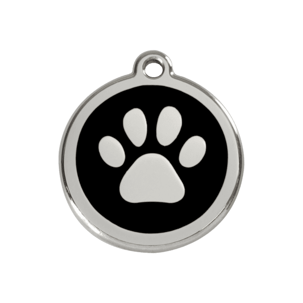 Vue avant - Médaille personnalisée pour chien ou chat Red Dingo Émail et acier inoxydable - Empreinte de patte - Noir - Taille M