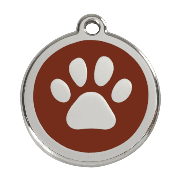 Vue avant - Médaille personnalisable pour chien Red Dingo en émail et acier inoxydable - Empreinte de patte - Brun - Taille L