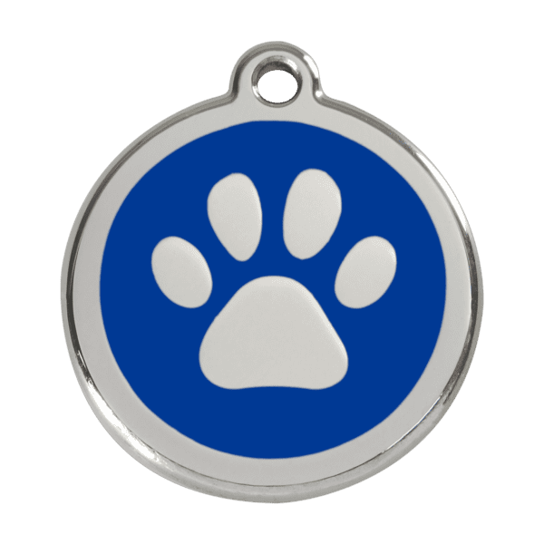 Vue avant - Médaille personnalisée pour chien Red Dingo Émail et acier inoxydable - Empreinte de patte - Bleu foncé - Taille L