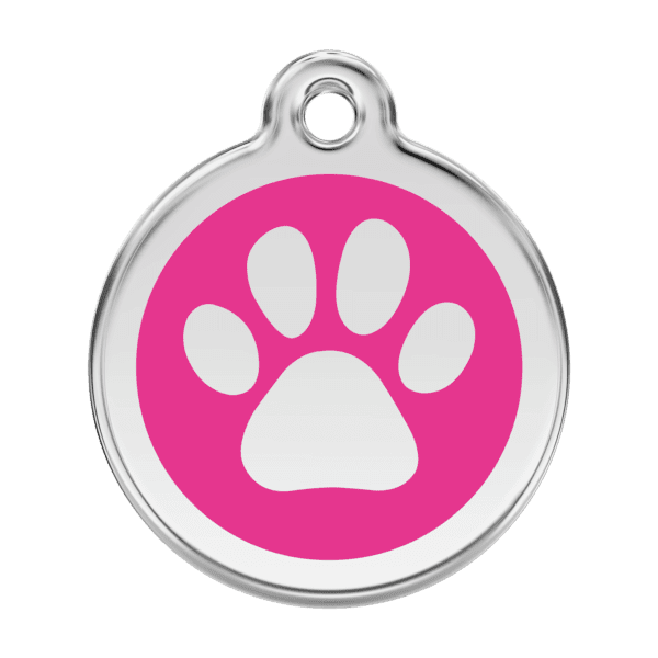 Vue avant - Médaille personnalisée pour chien ou chat - Empreinte de patte rose vif - Red Dingo 01-PP-HP-LG