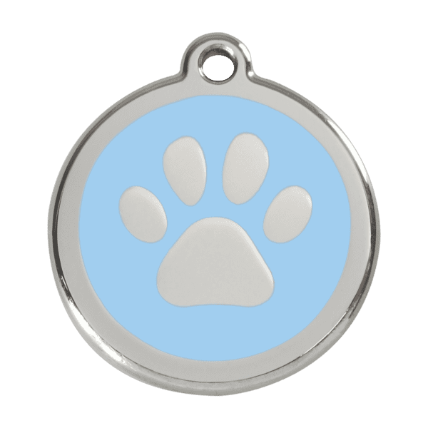 Vue avant - Médaille personnalisable pour chien en émail et acier inoxydable - Empreinte de patte bleu clair - Red Dingo