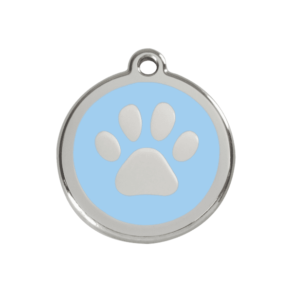 Vue avant - Médaille personnalisable pour chien ou chat - Empreinte de patte bleu clair en émail et acier inoxydable