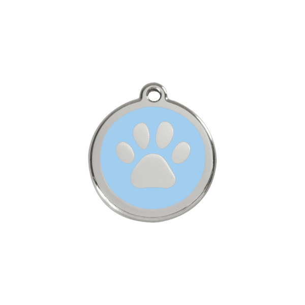 Vue avant - Médaille personnalisable pour chien/chat Red Dingo Émail/Acier inoxydable Bleu clair - Empreinte de patte - Taille S