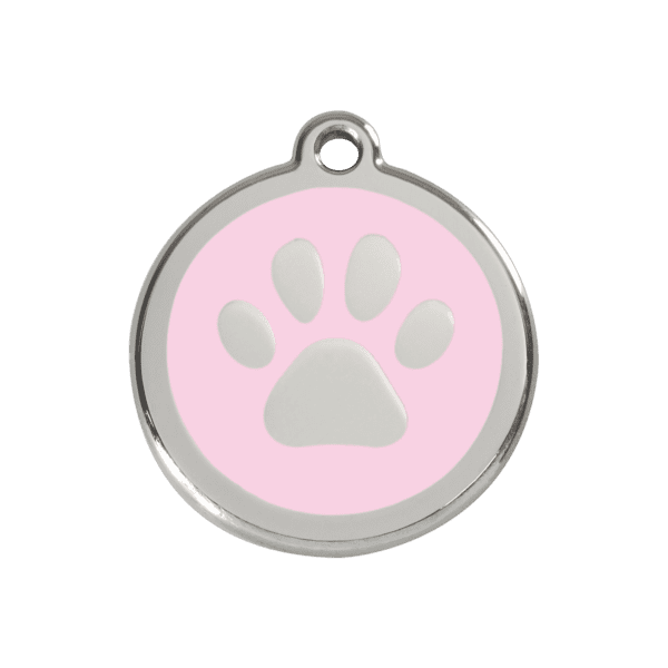 Vue avant - Médaille personnalisée pour chien/chat Red Dingo Émail et acier inoxydable - Empreinte de patte rose - Taille M