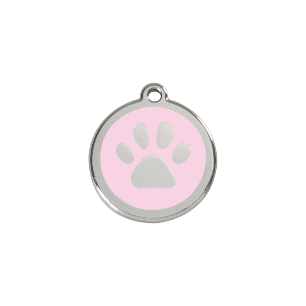 Vue avant - Médaille personnalisée pour chien/chat Red Dingo Émail/Acier inoxydable - Empreinte de patte rose - Taille S