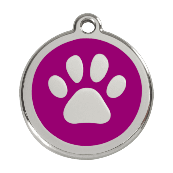 Vue avant - Médaille personnalisable pour chien Red Dingo Émail et acier inoxydable Empreinte de patte Violet 38.00mm