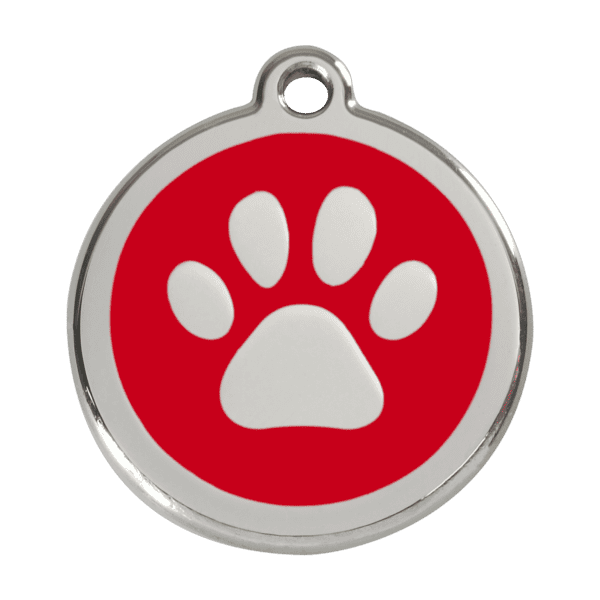 Vue avant - Médaille personnalisée pour chien Red Dingo Émail et acier inoxydable Empreinte de patte Rouge - Taille L