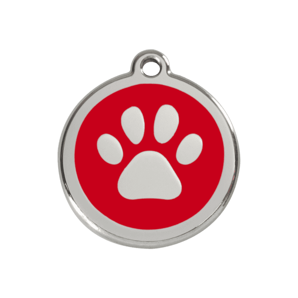 Vue avant - Médaille personnalisée pour chien/chat Red Dingo Émail/Acier inoxydable Empreinte de patte Rouge 30mm