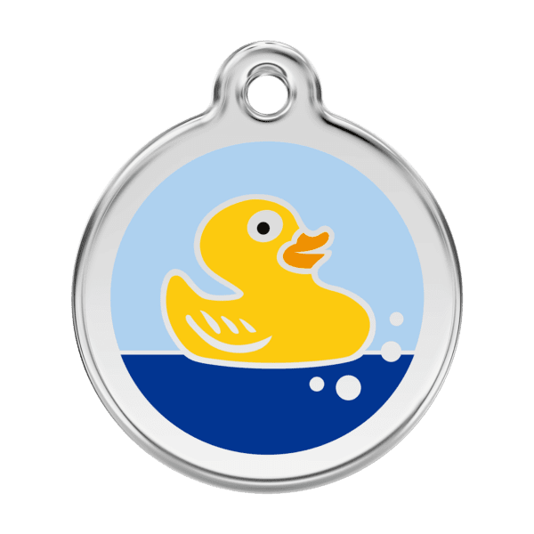 Vue avant - Médaille personnalisée pour chien Red Dingo Émail et acier inoxydable Canard en caoutchouc Bleu clair 38mm