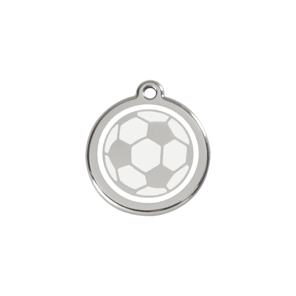 Vue avant - Médaille personnalisée pour chien/chat Red Dingo Émail et acier inoxydable - Ballon de football blanc - Taille S