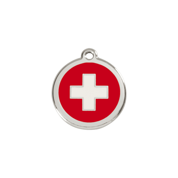 Vue avant - Médaille personnalisée pour chien/chat Red Dingo Émail/Acier inoxydable Croix Suisse Rouge 20mm