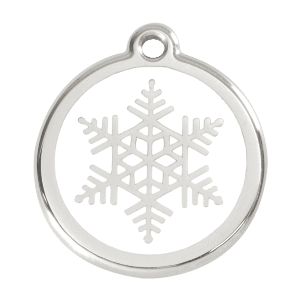 Vue avant - Médaille personnalisée pour chien - Red Dingo Émail et acier inoxydable - Flocon de neige blanc - Taille L