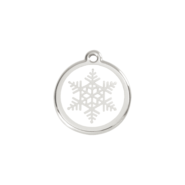 Vue avant - Médaille personnalisée pour chien/chat Red Dingo Émail et acier inoxydable - Flocon de neige blanc - Taille S