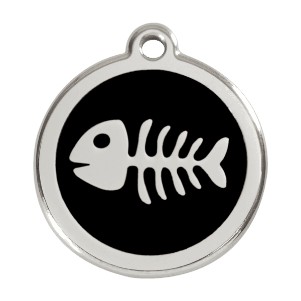 Vue avant - Médaille personnalisable pour chien Red Dingo Émail et acier inoxydable - Squelette de poisson - Noir - Taille L