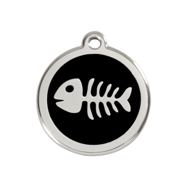 Vue avant - Médaille personnalisée pour chien ou chat - Red Dingo - Squelette de poisson - Noir - Taille M