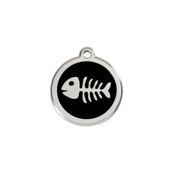 Vue avant - Médaille personnalisée pour chat ou petit chien Red Dingo Squelette de poisson noir 20.00mm - Marque Red Dingo