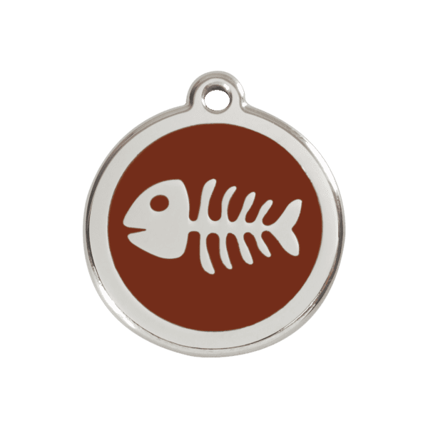 Vue avant - Médaille personnalisée pour chien Red Dingo en émail et acier inoxydable avec motif de squelette de poisson - Brun - Taille M