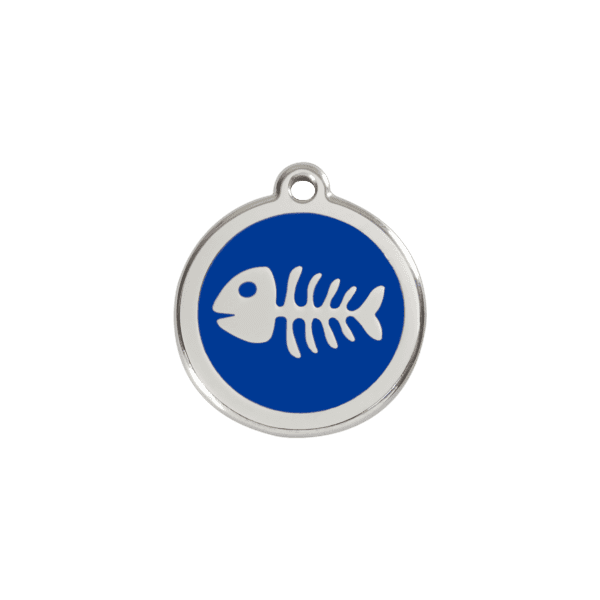 Vue avant - Médaille personnalisée pour chien/chat Red Dingo Squelette de poisson bleu foncé 20mm - Enamel et acier inoxydable