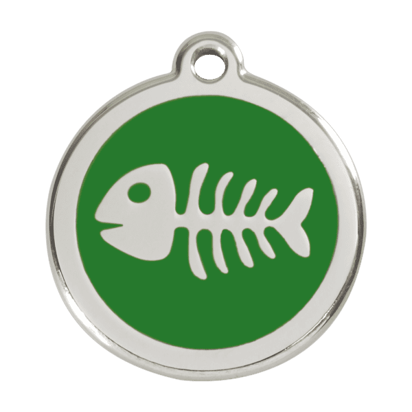 Vue avant - Médaille personnalisée pour chien Red Dingo Émail et acier inoxydable - Squelette de poisson - Vert - Taille L