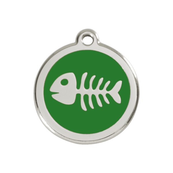 Vue avant - Médaille personnalisable pour chien ou chat - Red Dingo - Squelette de poisson vert - Taille M