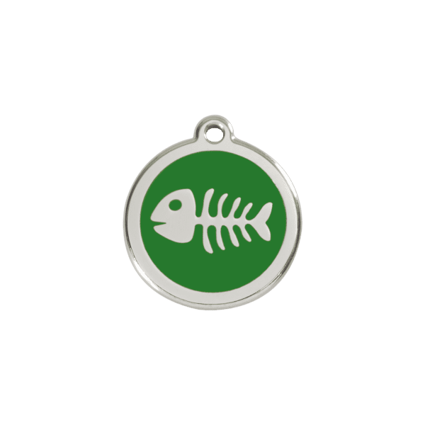 Vue avant - Médaille personnalisée pour chien/chat Red Dingo Émail et acier inoxydable - Squelette de poisson - Vert - Taille S