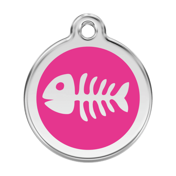 Vue avant - Médaille personnalisée pour chien Red Dingo Émail et acier inoxydable - Squelette de poisson - Rose vif - Taille L