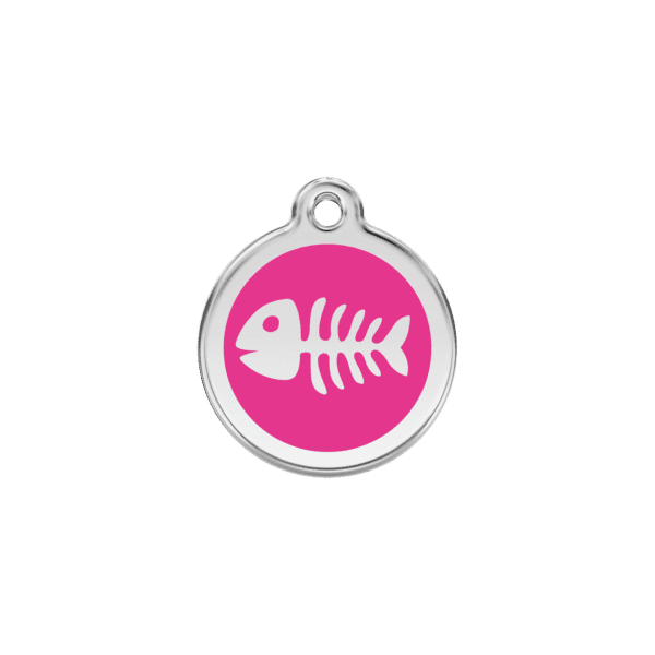 Vue avant - Médaille personnalisée en émail et acier inoxydable pour chat - Squelette de poisson rose vif - Red Dingo