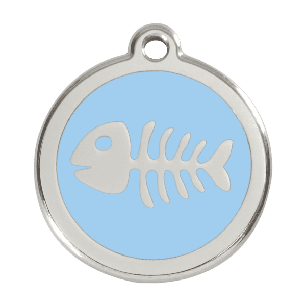 Vue avant - Médaille personnalisée pour chien Red Dingo Émail et acier inoxydable Squelette de poisson Bleu clair 38.00mm - Marque Red Dingo