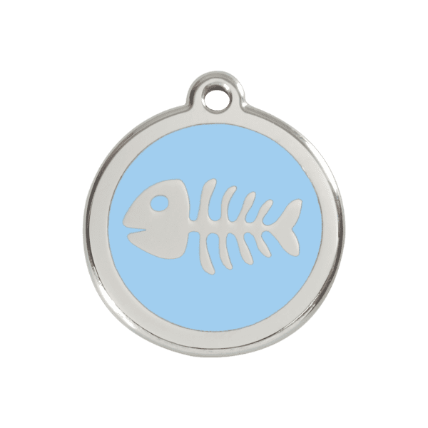 Vue avant - Médaille personnalisée pour chien en émail et acier inoxydable - Motif Squelette de poisson - Bleu clair - Red Dingo