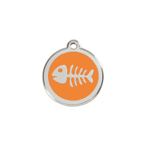 Vue avant - Médaille personnalisée Red Dingo Squelette de poisson orange 20mm pour chien/chat - Réf. 01-SK-OR-SM