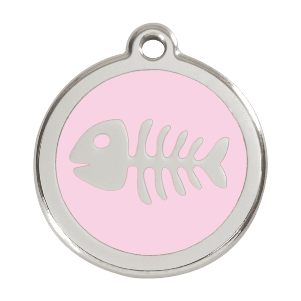 Vue avant - Médaille personnalisable pour chien Red Dingo Émail et acier inoxydable Squelette de poisson Rose - Taille L