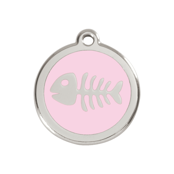 Vue avant - Médaille personnalisée pour chien/chat Red Dingo Émail et acier inoxydable - Squelette de poisson - Rose - Taille M