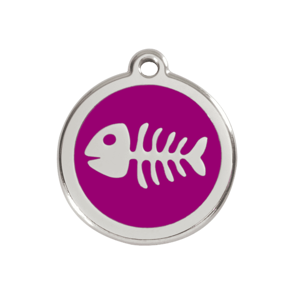 Vue avant - Médaille personnalisable pour chien Red Dingo Émail et acier inoxydable - Squelette de poisson violet - Taille M