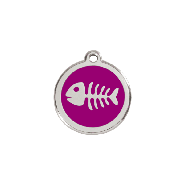 Vue avant - Médaille personnalisée Red Dingo Squelette de poisson violet 20.00mm - Pour chien/chat - Réf : 01-SK-PU-SM