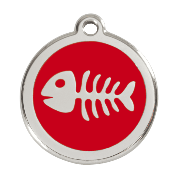 Vue avant - Médaille personnalisable Red Dingo Émail et acier inoxydable Squelette de poisson Rouge Taille L