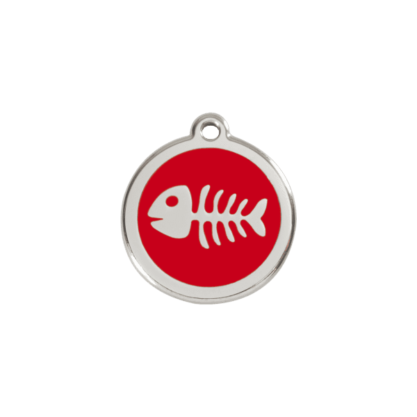 Vue avant - Médaille personnalisée pour chien/chat Red Dingo Émail/Acier inoxydable Squelette poisson Rouge 20mm - Réf : 01-SK-RE-SM