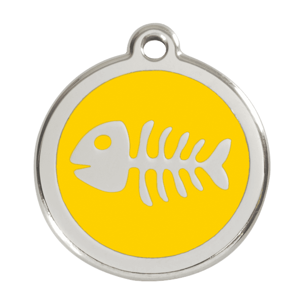 Vue avant - Médaille personnalisée pour chien Red Dingo Émail et acier inoxydable Squelette de poisson Jaune L